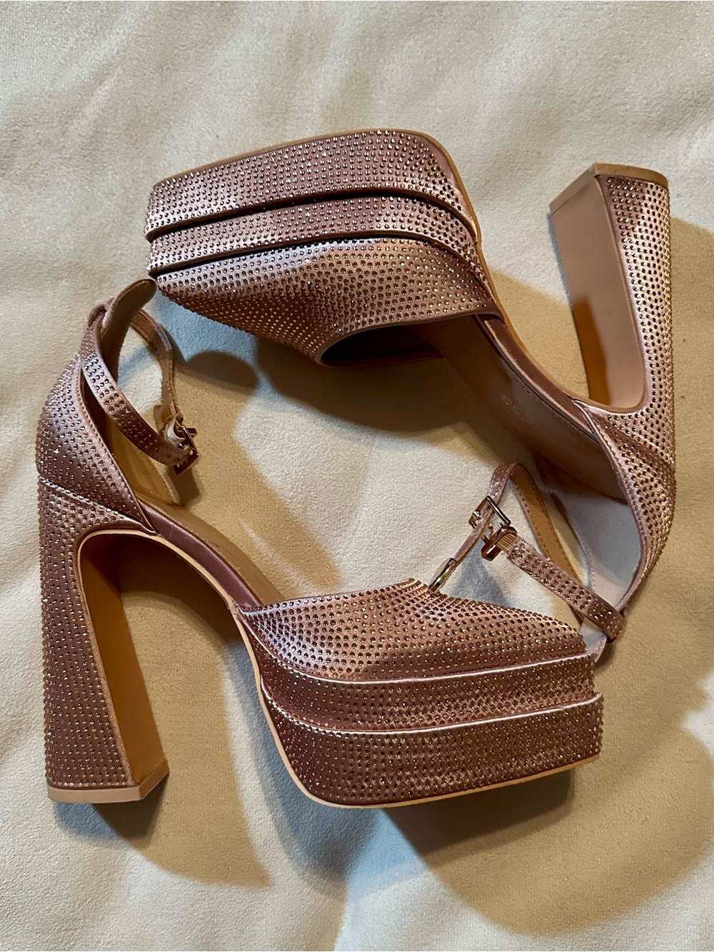 Rhinestone Platform Block Heel Sandals in Rose Gold